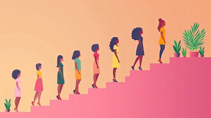 Independent women of different ethnicities stand side by side together while climbing highly on the stairs. Brave feminists support each other to reach their goal. Women empowerment and rights concept