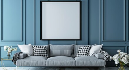 A large blank frame hangs on the wall above an elegant grey sofa in front of blue walls. White flowers and black checkered pillows sit in front of the sofa