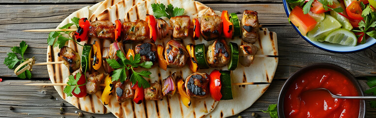 Shish kebab on the grill grilled meat with vegetables shashlik kebab on skewers wooden kitchen...