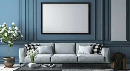 A large blank frame hangs on the wall above an elegant grey sofa in front of blue walls. White flowers and black checkered pillows sit in front of the sofa