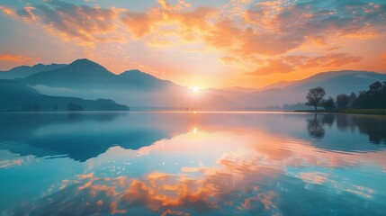 Fototapeta premium A serene photo of a sunrise over a calm lake, representing new beginnings and hope.