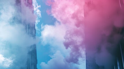 Vibrant abstract image of skyscrapers partially obscured by colorful clouds in pink and blue hues, ideal for modern art themes.