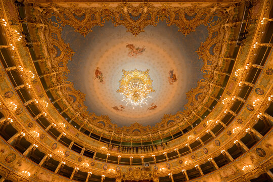 Venezia, Italy - May 18, 2024: interior architectural shot of Teatro la Fenice in Venice.