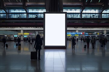 Large Blank Billboard in Busy Train Station for Advertisement and Publicity