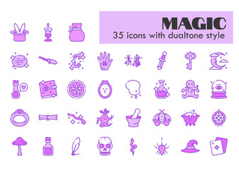 magic and witchcraft dualtone purple style icon set