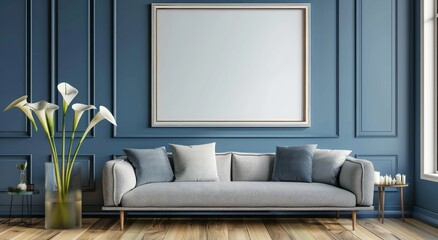 A large blank frame hangs on the wall above an elegant grey sofa in front of blue walls. Vases holding white calla lilies are placed next to the frame