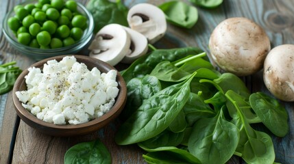 A vibrant display of fresh spinach leaves, sliced mushrooms, cottage cheese, and green peas on a rustic wooden table, perfect for healthy culinary themes.