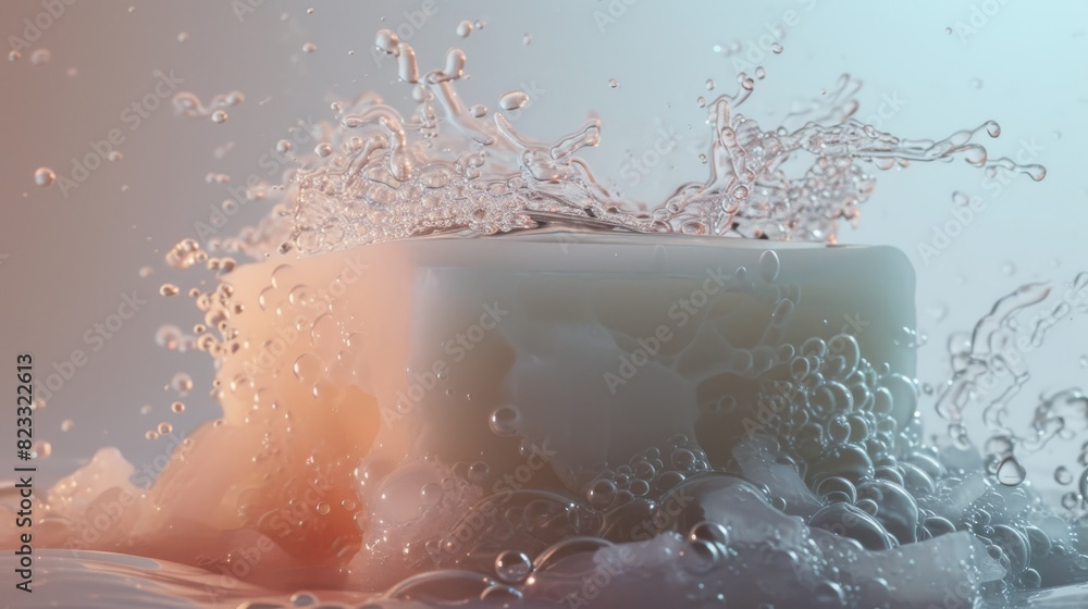 Poster a white cube dramatically splashes into a pool of water, creating a vivid display of scattered dropl