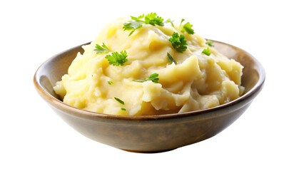 A white bowl of creamy mashed potatoes garnished with fresh parsley for a delicious and vegetarian side dish