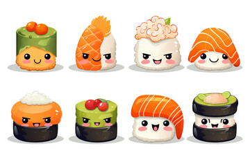 Served sushi set, cartoon characters isolated on white background. Japanese cuisine.