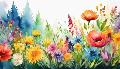 Colorful wildflower border with watercolor