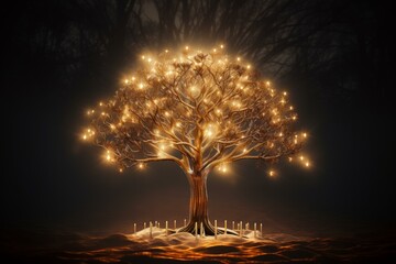 Enchanted tree with glowing lights set against a mystical foggy background