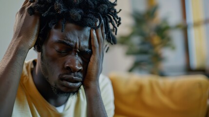 Young black man with dreadlocks sitting on a couch holding his head in pain