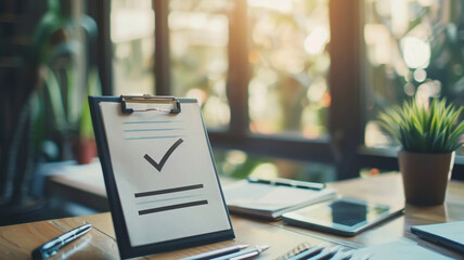 Organized workspace with a completed checklist on a clipboard and sunlight streaming through the windows.