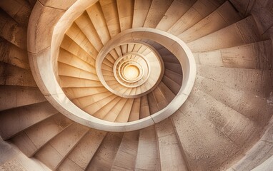 Symmetrical spiral staircase, elegant design, leading lines, soft ambient lighting, architectural centered perspective, artistic shot