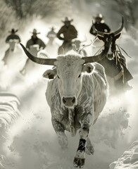Longhorn cow running through snow with cowboys on horseback in the background, showcasing a winter cattle drive in a snowy landscape.