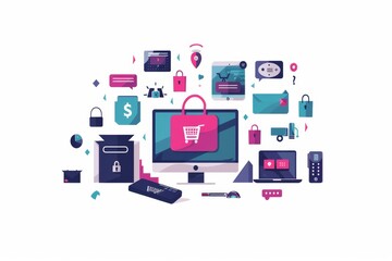 Ecommerce security vector with monitor, shopping cart, and padlock elements in pink, blue, and white, highlighting online protection, technology, and secure shopping