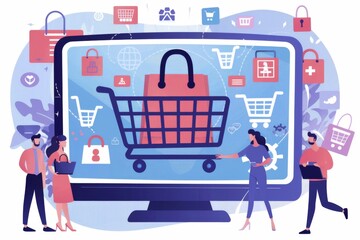Ecommerce security vector with monitor, shopping cart, and padlock elements in purple, red, blue, and white, highlighting online protection, technology, and secure transactions