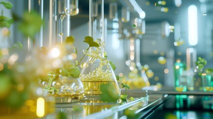 Eco-friendly laboratory setup with vibrant green plants and bubbling beakers, highlighting sustainable scientific practices.