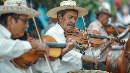 A group of musicians playing traditional Colombian music during the Feria de las Flores. The image captures the essence of the festival, with lively music filling the air and people dancing in