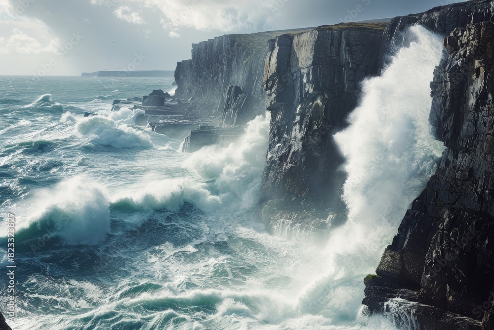 Aufkleber a dramatic scene of towering cliffs with violent ocean waves crashing against them under a bright sk