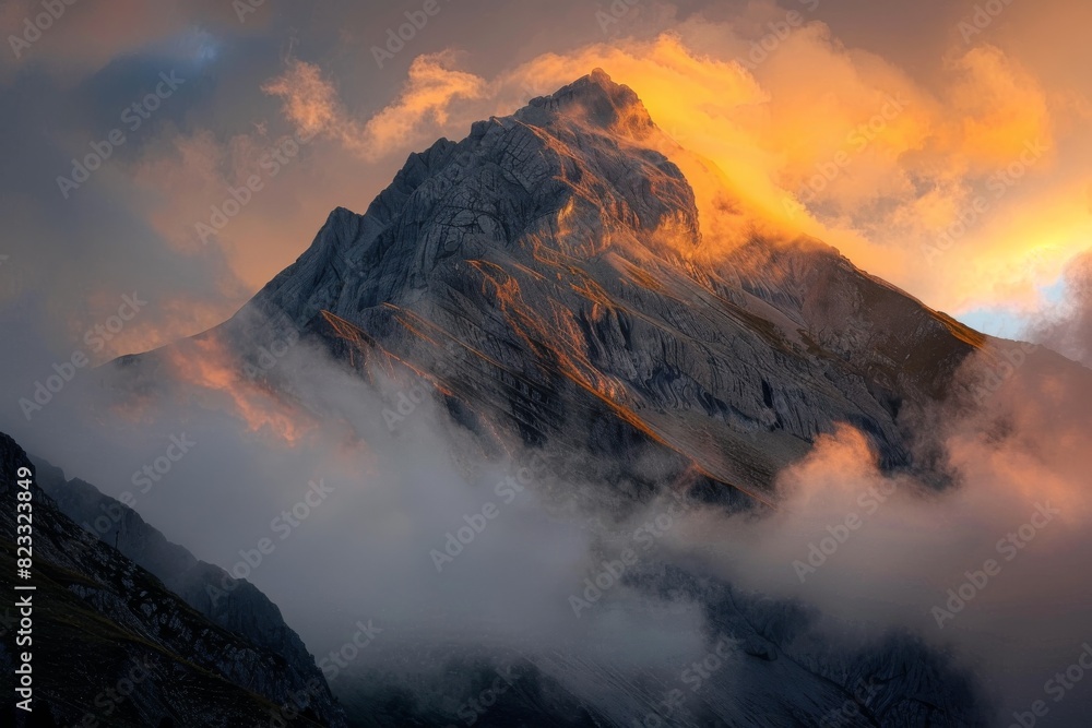 Poster the sun setting behind a mountain with clouds casting a fiery orange glow around the majestic peak
