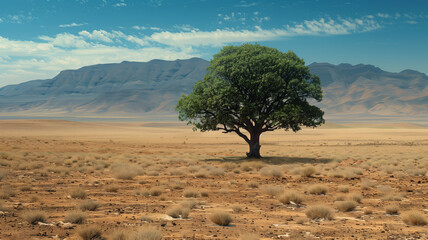 Obraz premium A lone acacia stands in a vast savanna landscape under a bright blue sky with puffy white clouds