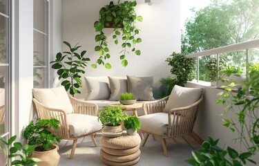 Cozy Balcony with Plants and Comfortable Seating for Relaxation and Outdoor Living