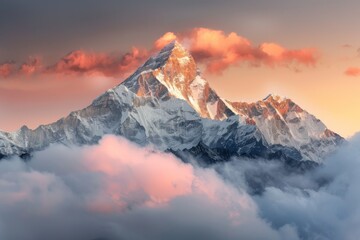 The iconic Mount Everest peak bathed in morning light with swirling clouds below a pastel sky