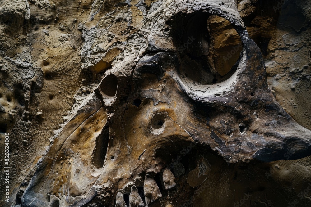 Poster close-up shot of an ancient skull with prominent horn fossilized in rock, highlighting textural deta