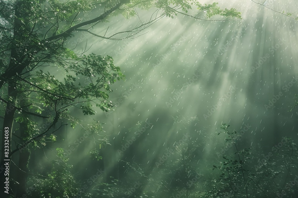 Aufkleber Enigmatic sun rays filtering through a dense green forest, creating a magical and ethereal atmosphere