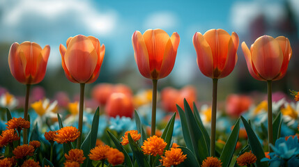 Fototapeta premium A picturesque meadow in full bloom with a variety of vibrant spring flowers like tulips, daffodils, and daisies. The background features a clear blue sky with a few fluffy white clouds. Soft sunlight 