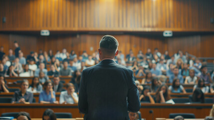 A university professor giving a lecture to a large group of attentive students in a lecture hall, illustrating higher education and the dissemination of knowledge