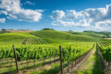 Naklejka premium Rolling hills and lush vine rows under a clear sky depict a serene countryside vineyard