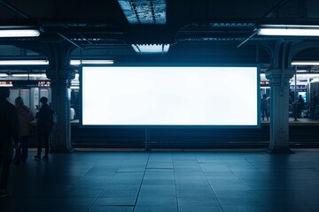 Large Blank Billboard in Metro Station at Night for Advertising and Commercial Themes
