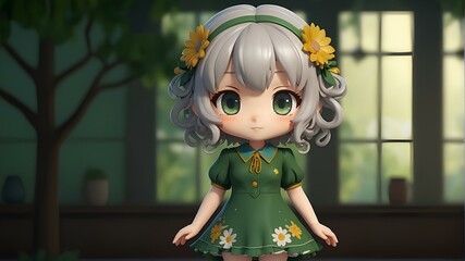 Chibi Girl with Silver Hair and Green Dress