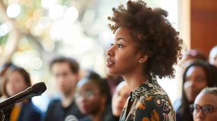 A young woman, confidently speaking at a podium, surrounded by a diverse audience of peers, listening attentively. This image represents the empowerment and leadership roles that young individuals