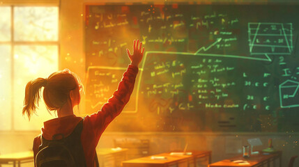 A young student raising her hand to answer a question in a brightly lit classroom, with a chalkboard filled with equations in the