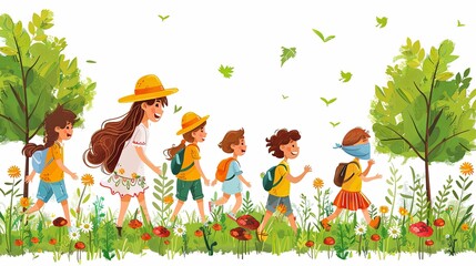 Kids playing hide and seek, outdoor game. Woman blindfold and children, joyful activity in nature. Happy summer recreation with boys and girls. Flat vector illustration isolated on white background