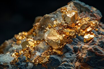 Magnificent close-up of gold crystals perched on a mineral matrix highlighting their intricate forms