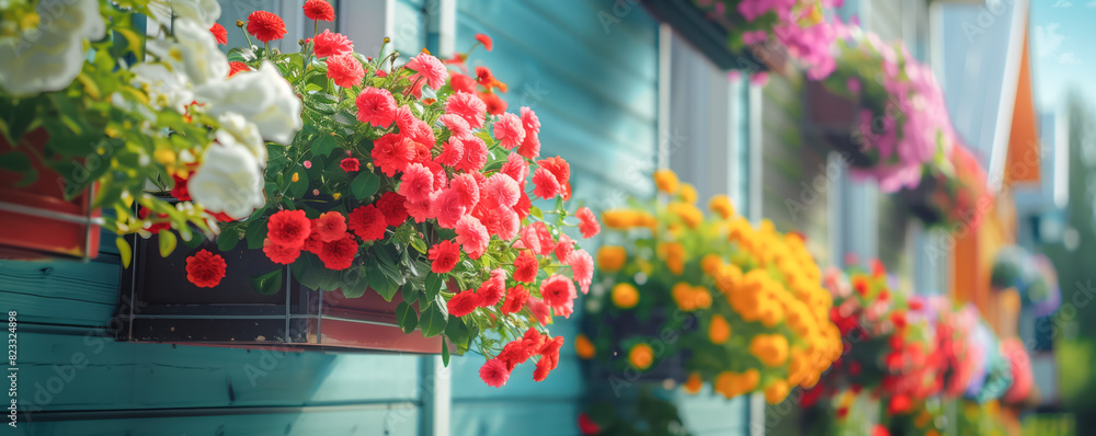 Wall mural Panoramic view of apartment houses with blooming flowers on the balconies. City life concept.