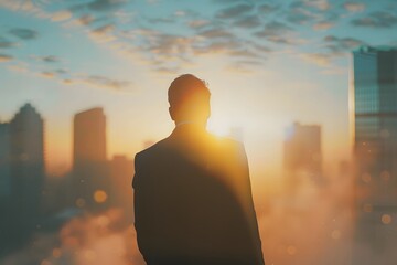 Business man looking at the sun on city in the sky, immersive environments, light blue, blurred,...