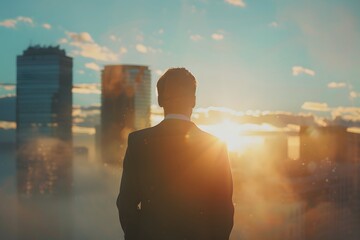 Fototapeta premium Business man looking at the sun on city in the sky, immersive environments, light blue, blurred, stock photo, realistic photography empowering and vibrant, feeling success