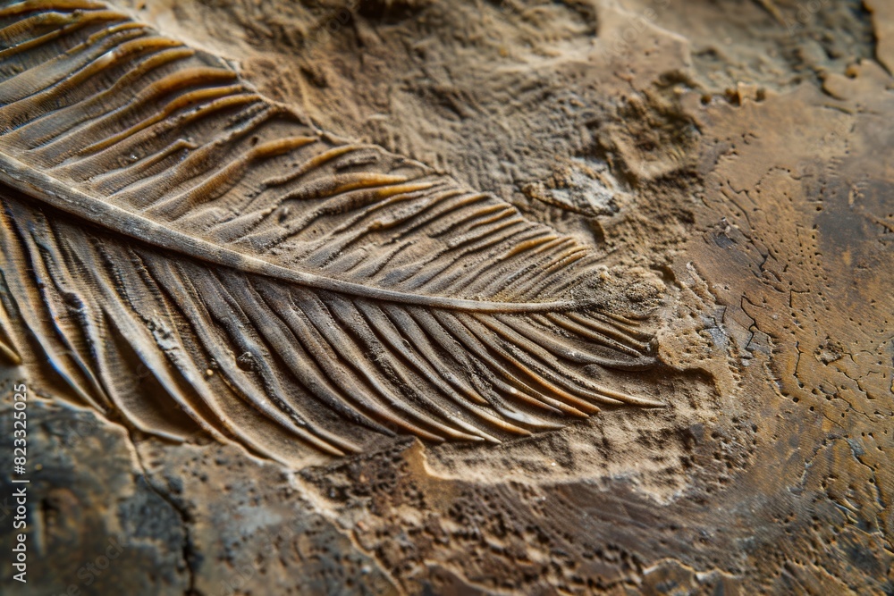 Poster highly detailed close-up of a feather's texture on a naturally weathered rock surface