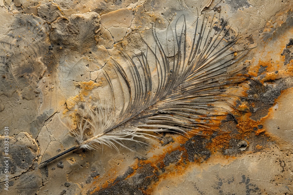 Poster A weathered feather against a backdrop of rust-stained and textured rock formation