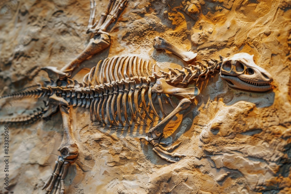 Poster a well-preserved dinosaur skeleton fossil embedded in rock displayed in a museum for educational pur
