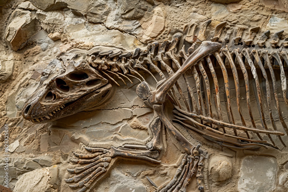 Poster This image captures the detailed fossil remains of a dinosaur skeleton embedded in rock