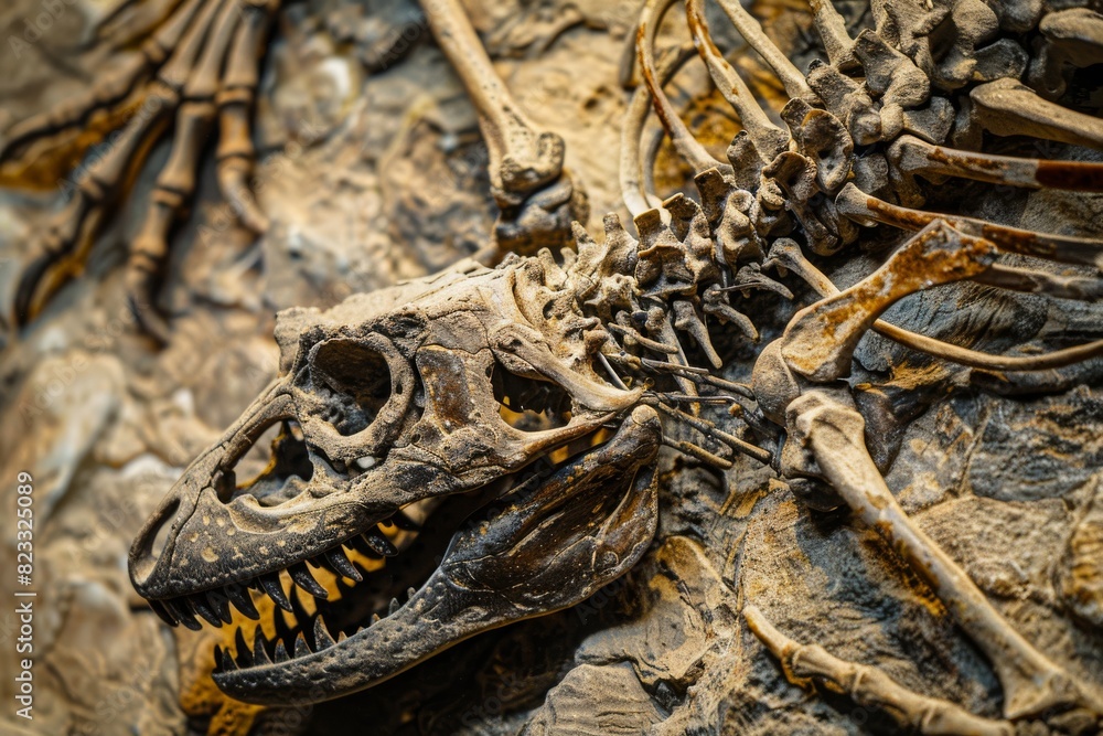 Poster A fossil of a dinosaur skull and partial skeleton with distinct teeth, preserved in a natural rock formation