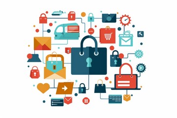 Colorful Vector Illustration of Digital Security with Locks, Shopping Icons, and E commerce Elements
