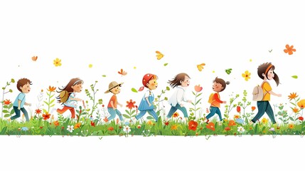 Kids playing hide and seek, outdoor game. Woman blindfold and children, joyful activity in nature. Happy summer recreation with boys and girls. Flat vector illustration isolated on white background